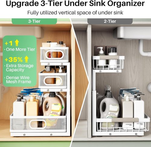 Kitstorack Under Sink Organizer - 2-Pack Adjustable 3-Tier Metal Storage Shelf | Ideal for Bathroom & Kitchen