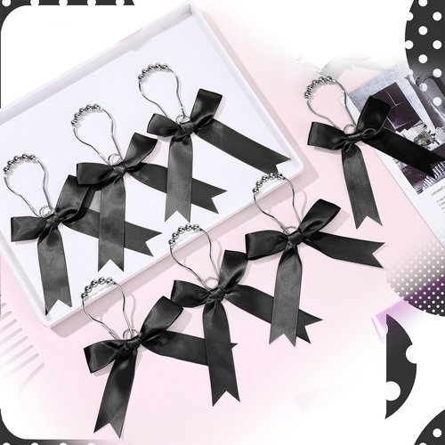 MorningRo 12 Pcs Black Bow Shower Curtain Hooks Cute Bow Knot Ribbon Curtain Hooks Decorative Shower Rings Hanger Bathroom Decor Bathroom Accessories for Room Nursery Art