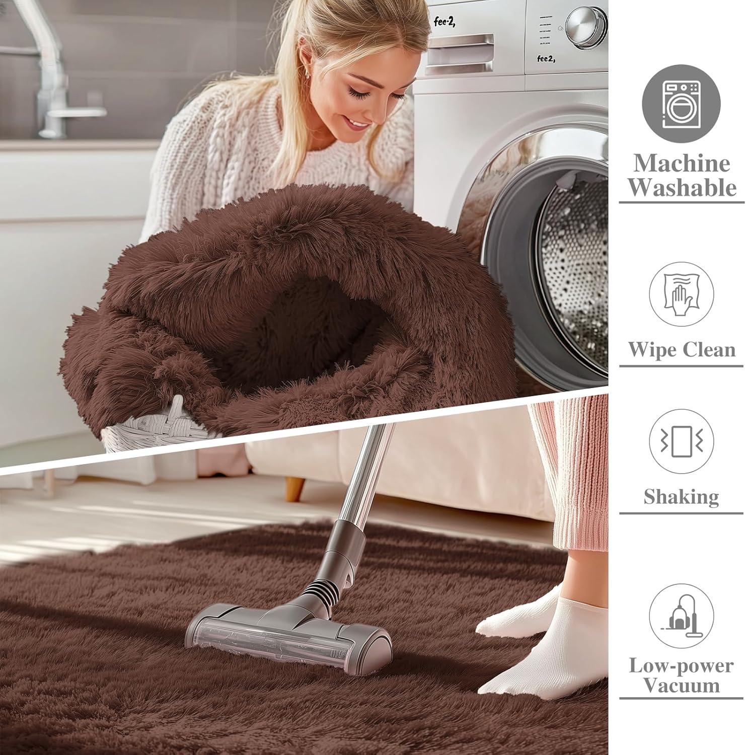 OLANLY Small Bedside Rug - Soft, Fluffy Shaggy Throw Rug for Bedroom & Living Room | Machine Washable, Coffee