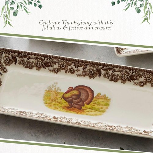 Spode Woodland 3-Piece Porcelain Tray Set - Turkey, Pheasant, Otter Wildlife Art, Great for Holiday Appetizers & Snacks - Stackable Design with Floral Borders, Dishwasher Safe, Oven Safe Trays