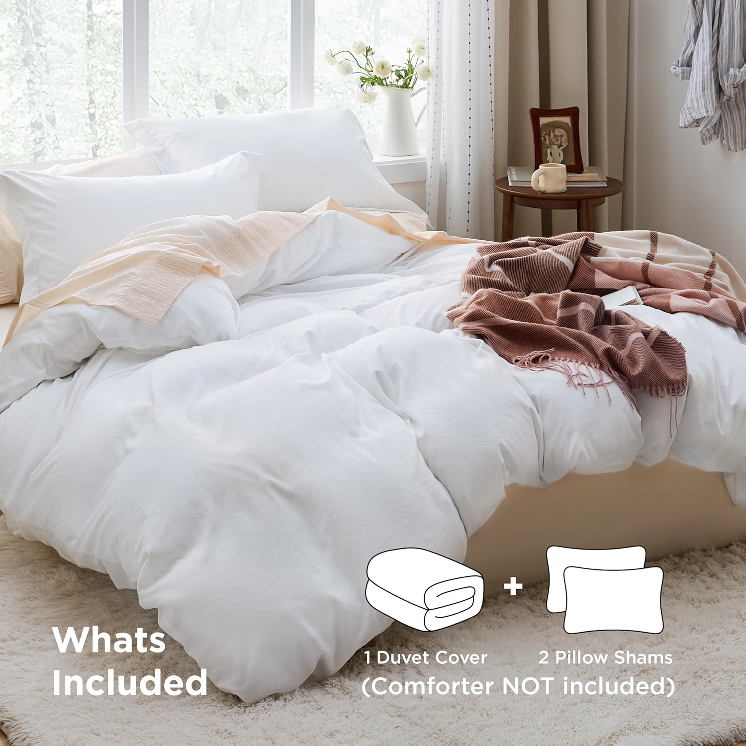 Bedsure White Duvet Cover Set - Extra Soft Prewashed Cotton-Like Polyester | Queen Size 90x90 Inches, 3 Pieces with Zipper Closure