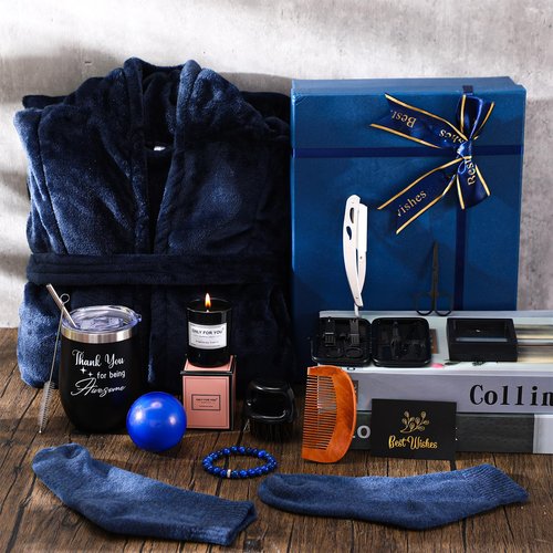 Nuogo 15 Pcs Birthday Gifts for Men Beard Care Set for Him Valentine's Day Gifts Basket Ideas Kit for Men Tumbler Bath Robe for Dad Husband Boyfriend Box(Navy)