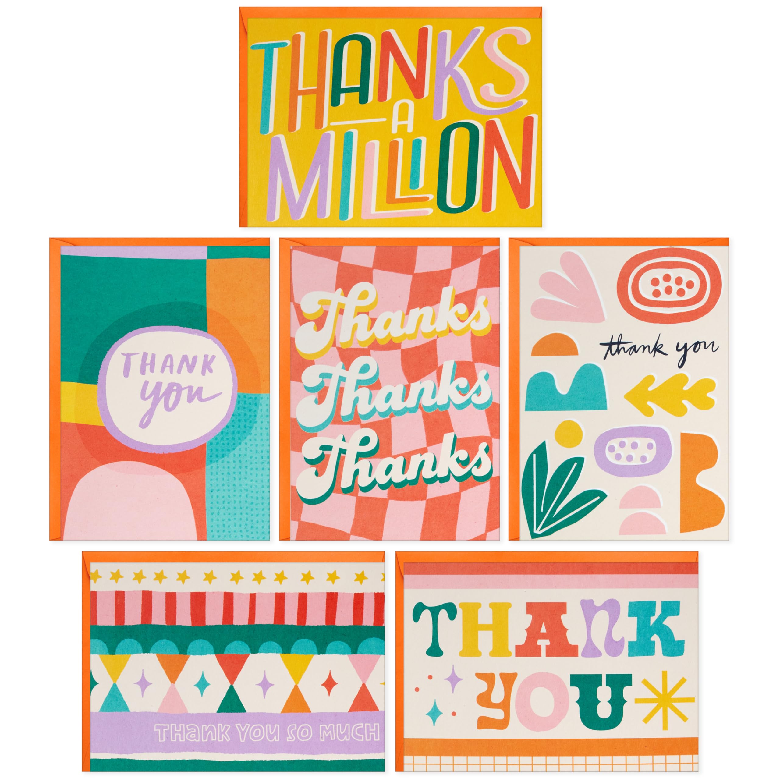 Hallmark Retro Thank You Card Assortment (24 Blank Cards with Envelopes) Orange, Yellow, Green, Pink
