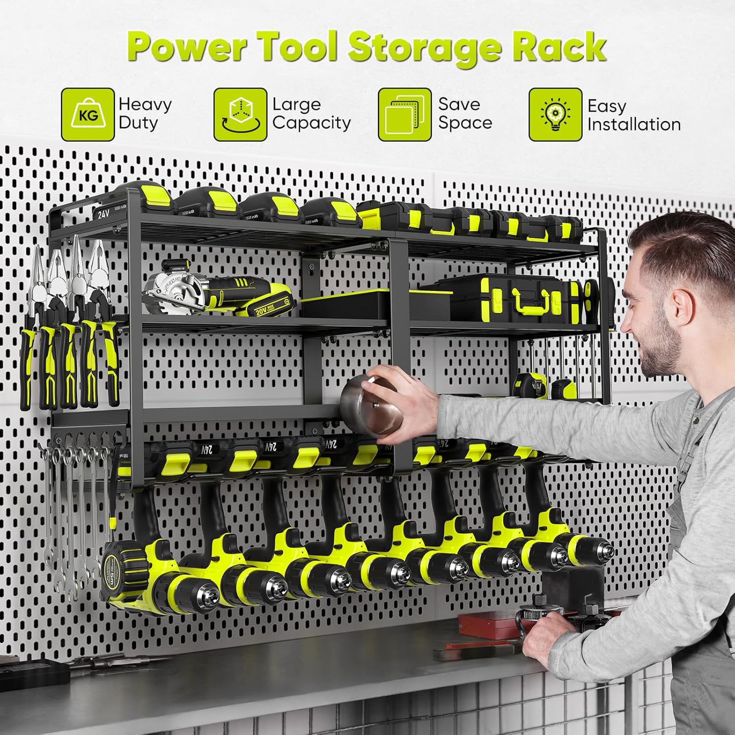 POKIPO Heavy-Duty 33" Power Tool Organizer - Wall Mount for 8 Drills | 400 lbs Capacity, 4-Tier Storage Solution