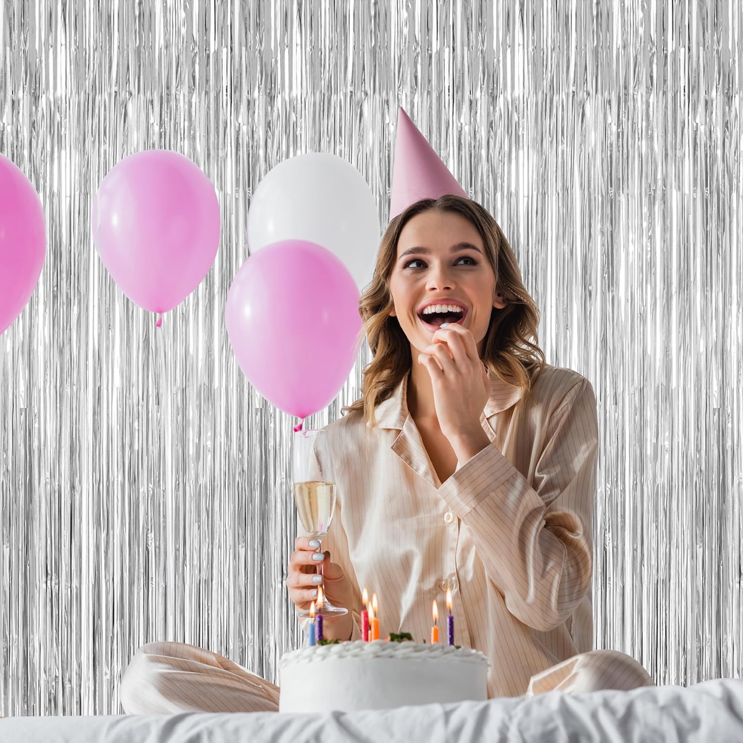 Skiennix 4 Pack Metallic Silver Party Decorations - Tinsel Backdrop & Photo Booth Props for 21st Birthday & Bachelorette Celebrations
