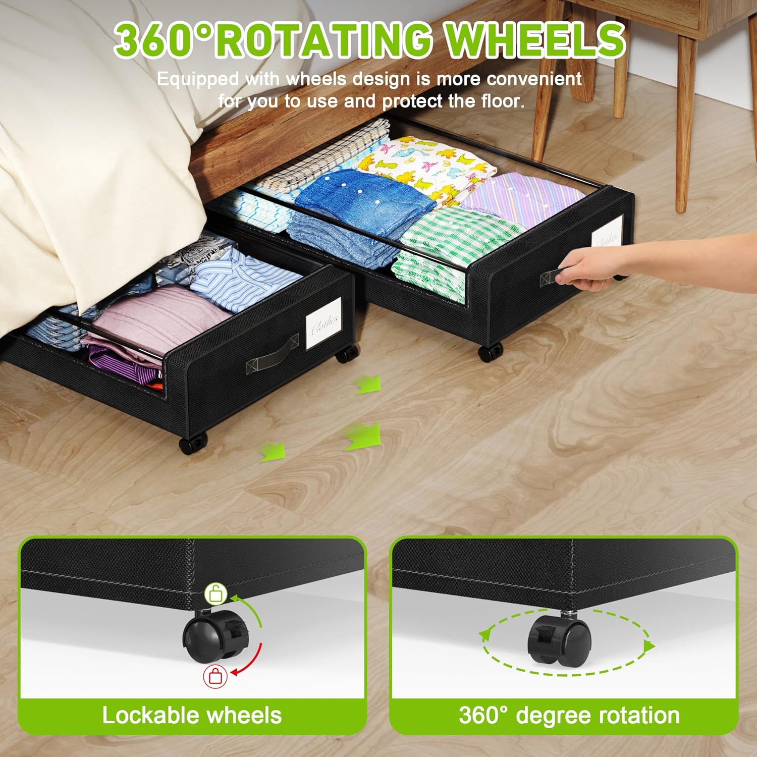 Tututry Under Bed Storage Bins - XXL 60L Rolling Containers with Lids & Labels | 2-Pack Black for Shoes, Clothes, Toys