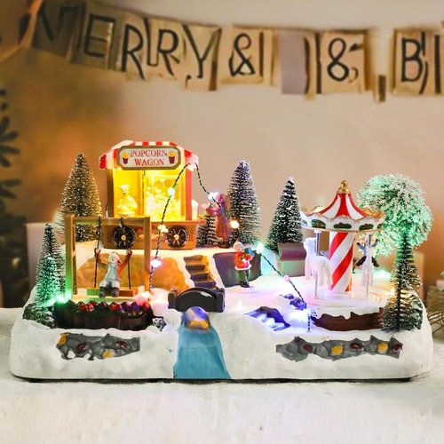 Afirst Christmas Village Houses - Lighted Collectible Figurines with Rotating Carousel & Musical Features | Indoor Display