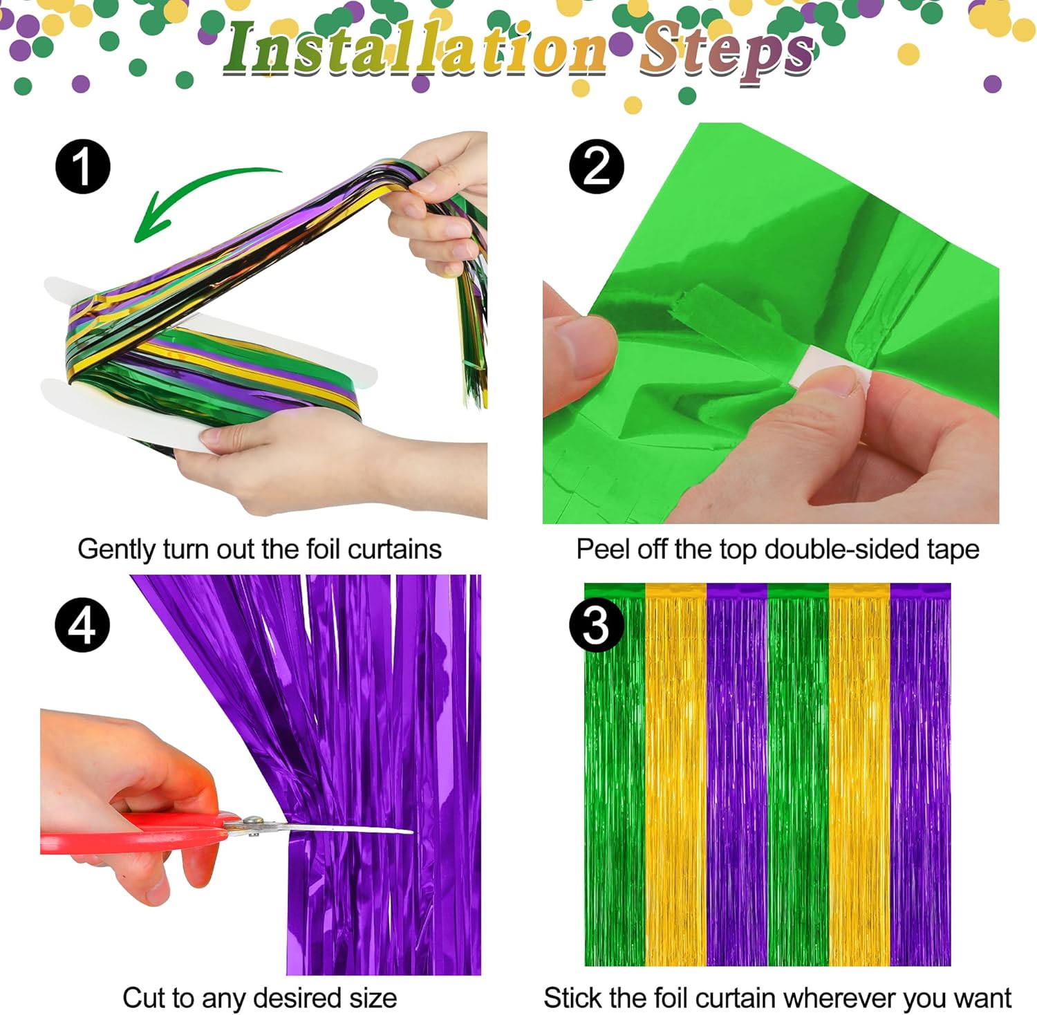 Skiennix Mardi Gras Tinsel Backdrop - 2 Pack Metallic Fringe Curtain | 3.28 FT x 7.05 FT, Purple Gold Green