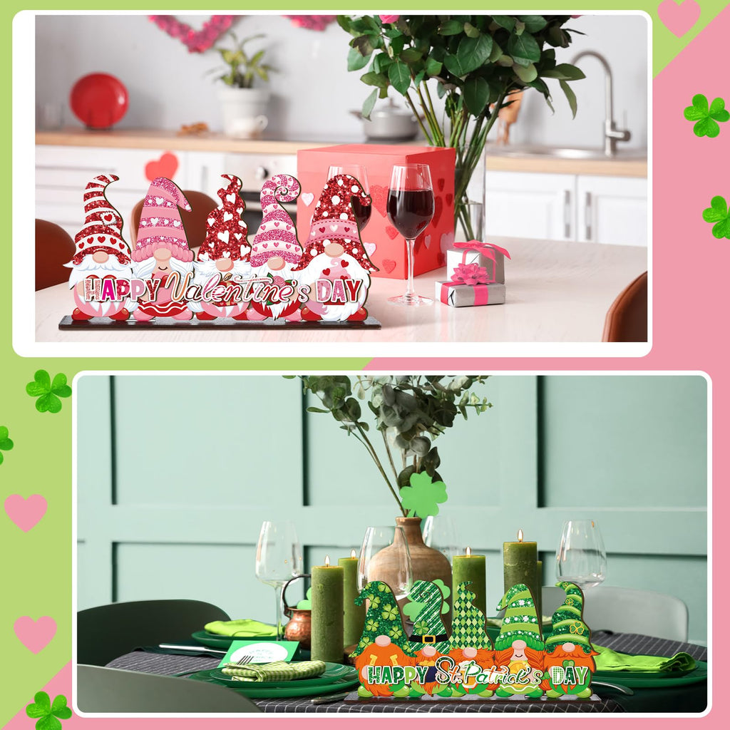 Valentine's Day and St. Patrick's Day Reversible Gnome Wood Signs Double Sided Valentines St. Patrick's Theme Wooden Standing Blocks Decoration Gnome Table Centerpiece for Home(Classic)