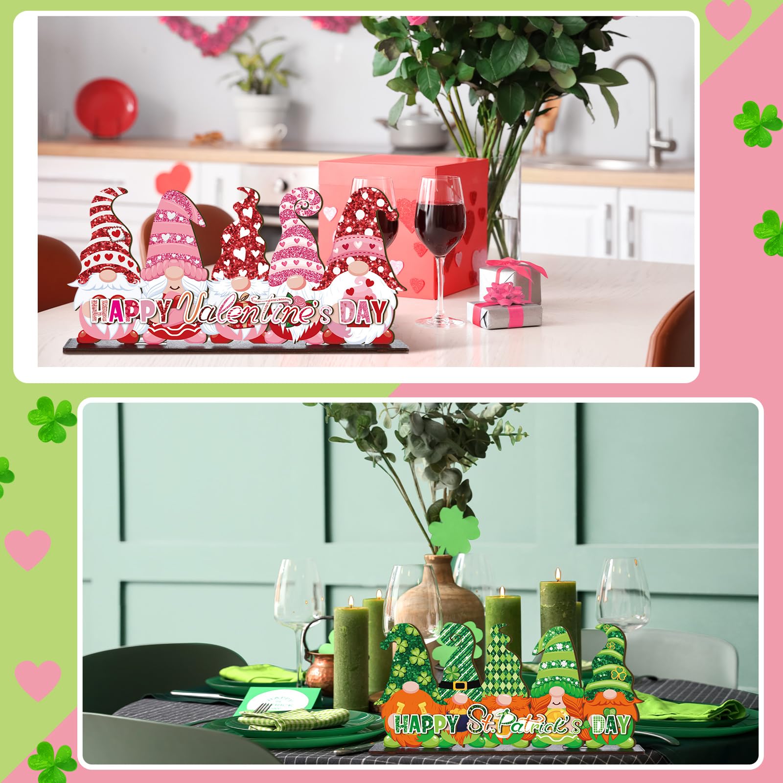 Valentine's Day and St. Patrick's Day Reversible Gnome Wood Signs Double Sided Valentines St. Patrick's Theme Wooden Standing Blocks Decoration Gnome Table Centerpiece for Home(Classic)