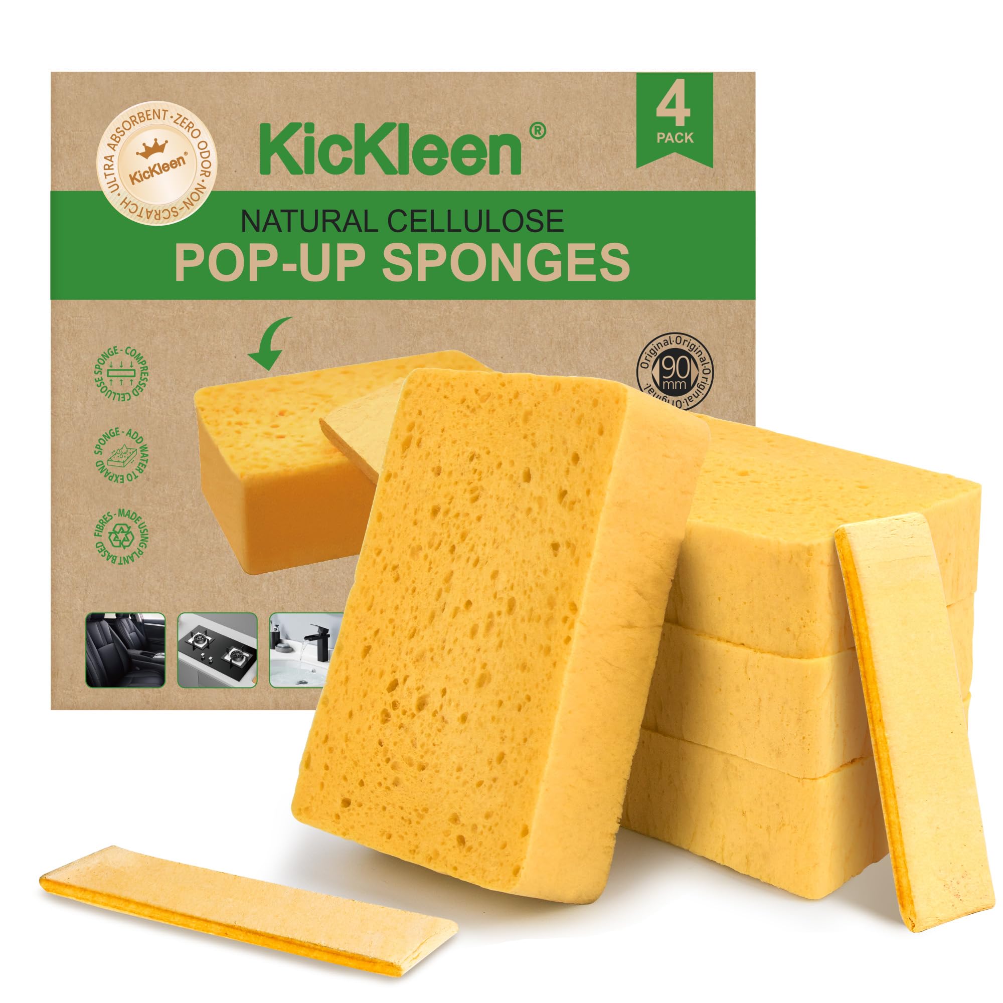 4 Pack Compostable Thicker Pop-Up Sponges - Expanding, Non-Scratch, Plant-Based Dish Cellulose Sponges Car Wash Sponge