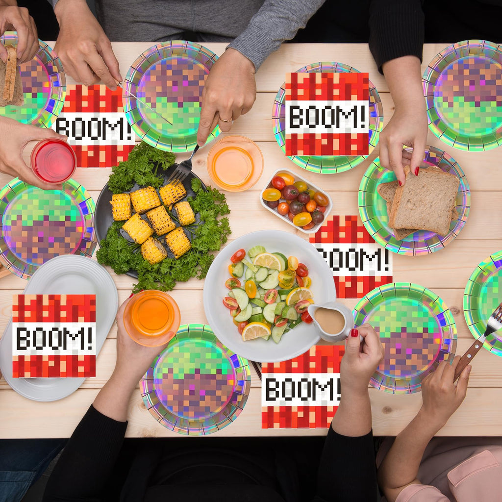 50Pcs Iridescent Pixel Party Plates and Napkins Set Video Game Disposable Tableware Set Pixel Dessert Plates Gaming Party Supplies Birthday Decorations for Kids Baby Shower Teen Gamer Serve 25