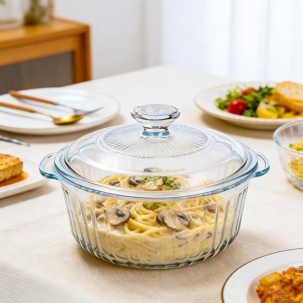 Round Glass Casserole Dish With Lid - 2.4QT Borosilicate Oven Baking Dish | Clear Cookware for Cooking & Serving
