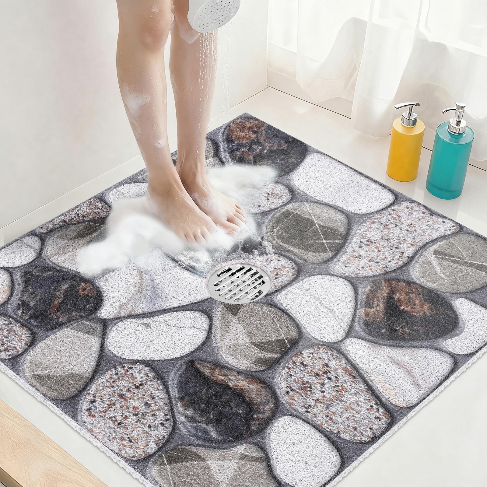 Square Shower Mat Non Slip: 32x32 Inch Extra Large Shower Mats with Drain Hole in Middle -Anti Slip Shower Mats for Inside Shower -Loofah Shower Floor Mat Bath Mat for Shower Stall Bathtub Elderly