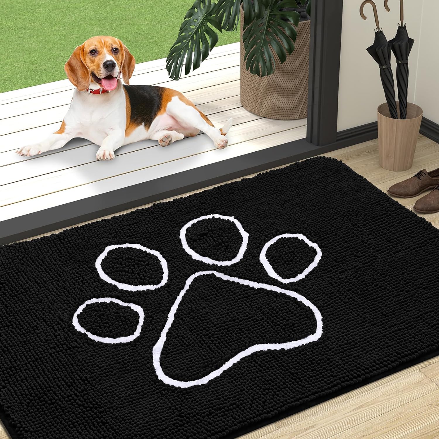 OLANLY Dog Door Mat - Absorbent Non-Slip Mud Mat for Muddy Paws | 47x32 Paw Print Design, Quick Dry Black