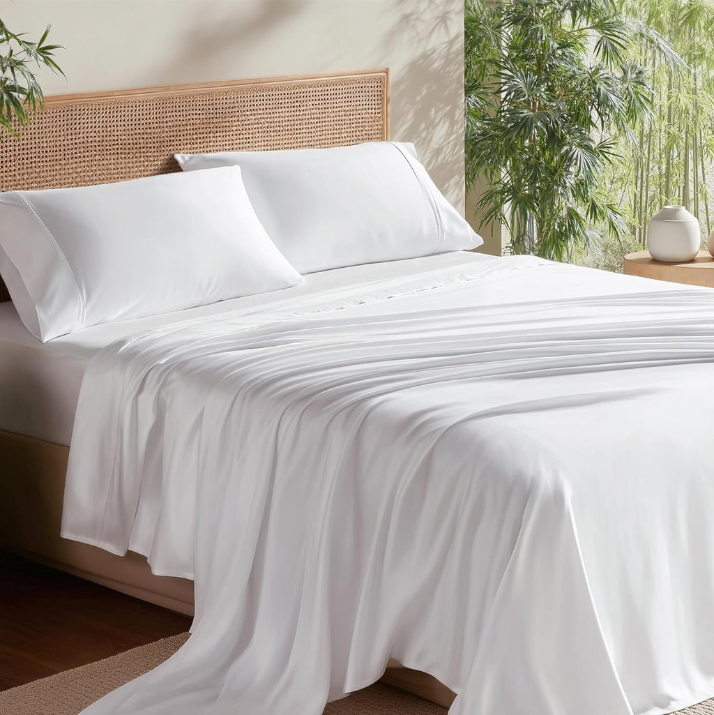 Bedsure King Size Sheet Set - Cooling Rayon Bamboo Sheets | Soft, Breathable & Luxurious White Bedding