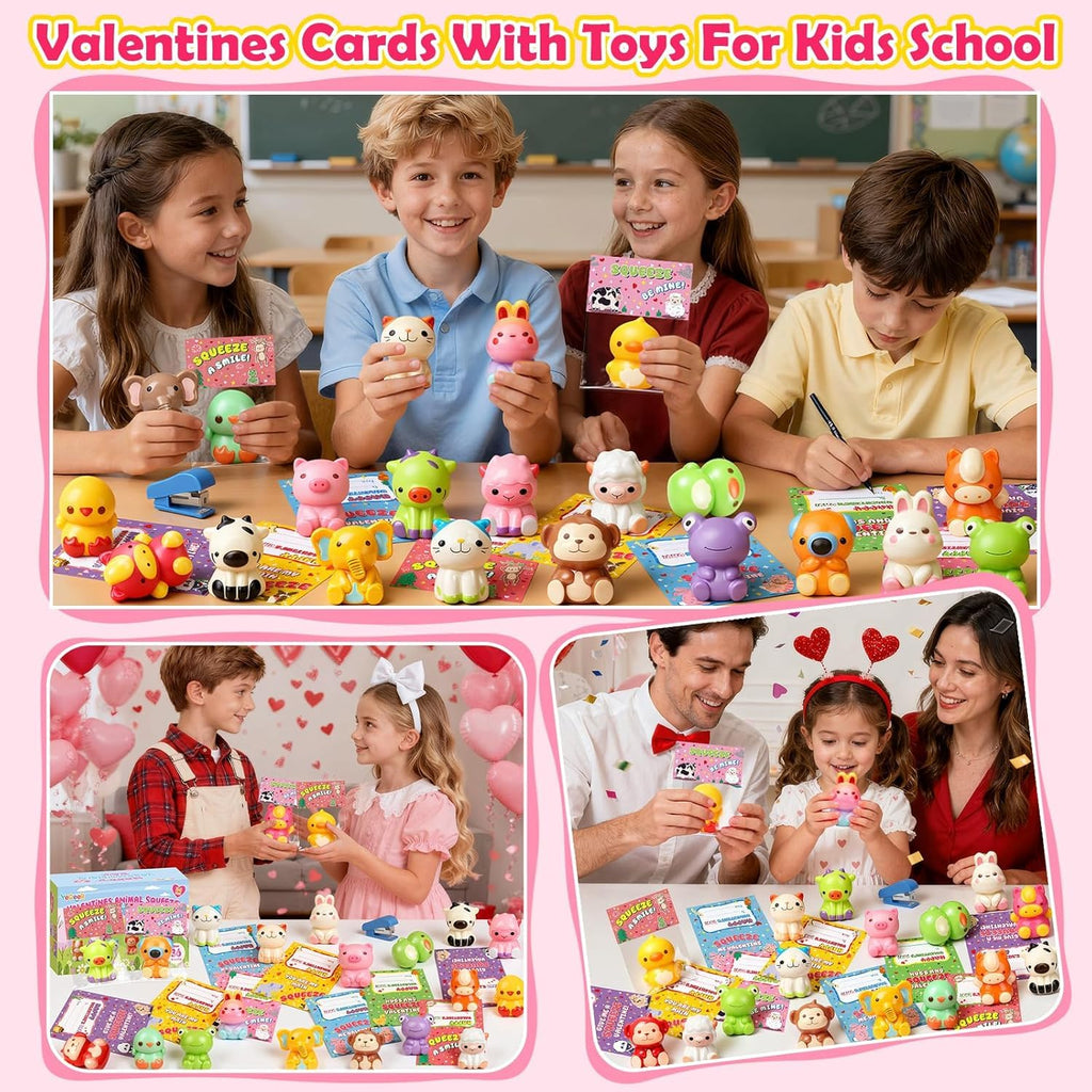 Valentines Day Cards for Kids School, 24 Pack Valentines Day Gifts for Kids, Valentines Cards with Animal Squishy Toys, Valentines Party Favors, Classroom Exchange Prizes for Boys Girls (Style 2)