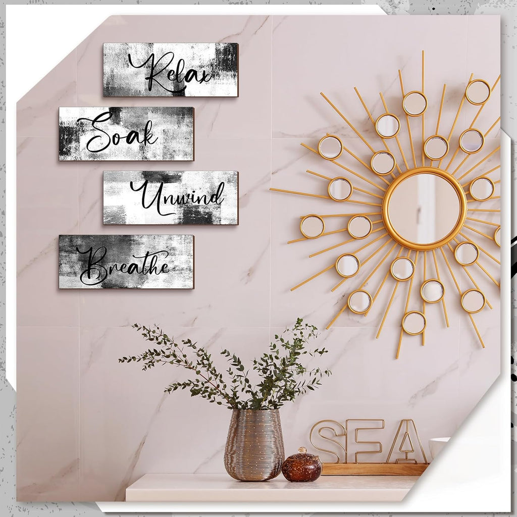 Maitys Bathroom Wall Art - Rustic 4-Piece Set for Soak, Unwind, Relax | 10 x 4 Inch Black & White Decor