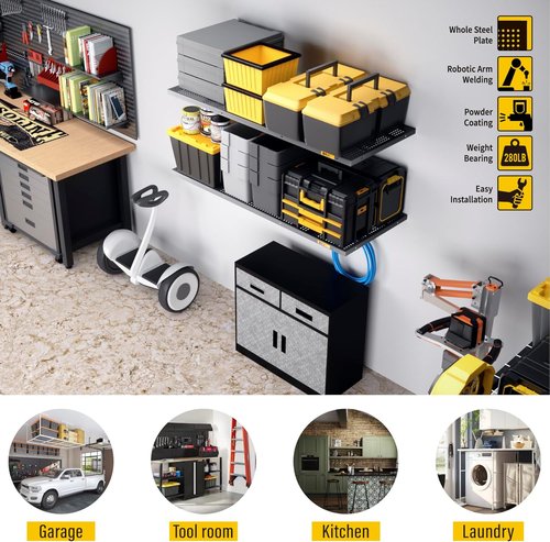 Heavy-Duty Garage Wall Shelving by 2Pack - Adjustable Metal Storage Shelf | 1.64x4ft, Black