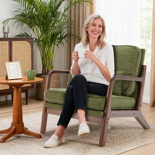 DUMOS Mid Century Accent Chair, Modern Living Room Chairs with Arms and Waist Cushion, Reading Chairs for Adults, Lounge Chair for Bedroom, Solid Wooden Frame, Classic Green