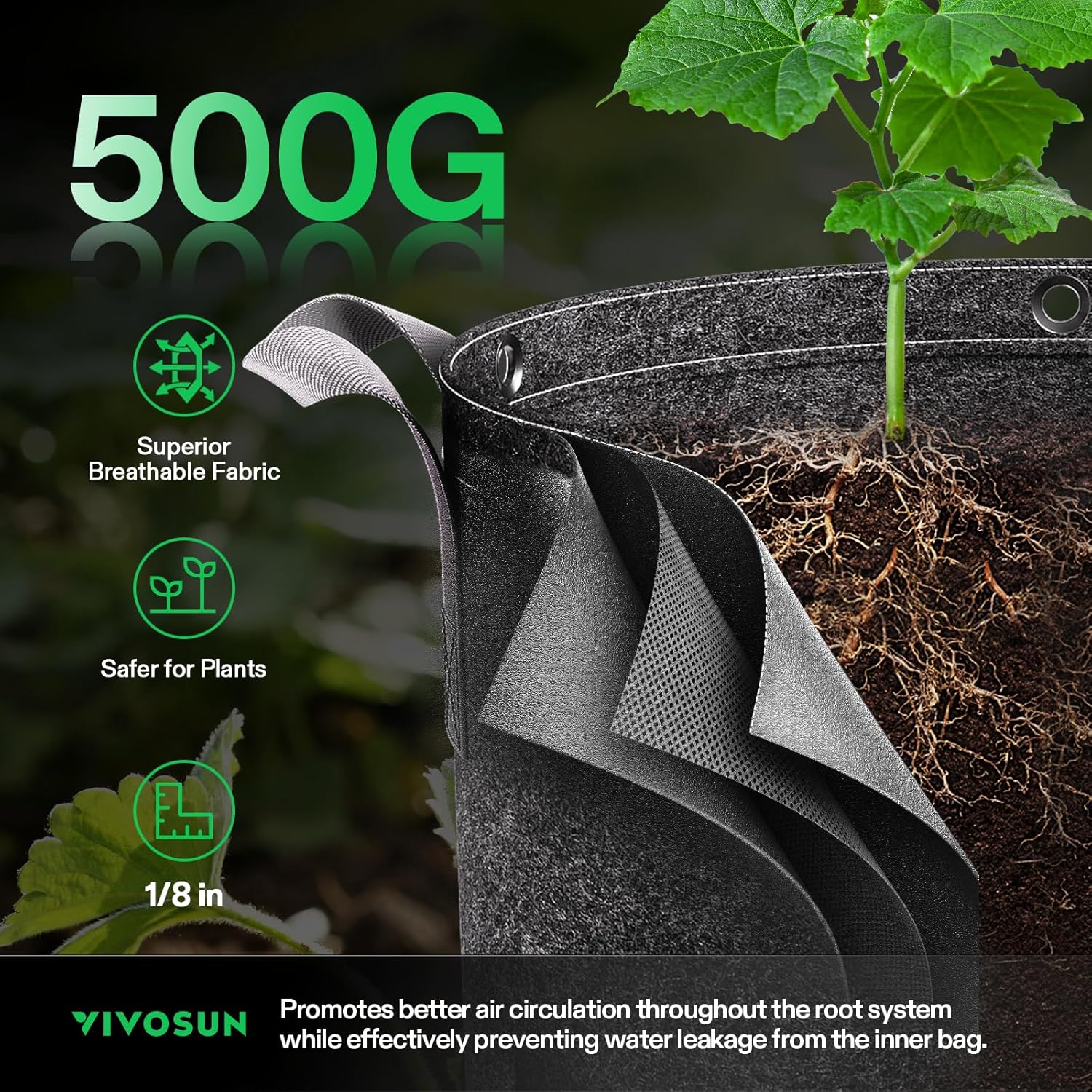 VIVOSUN 3 Gallon Grow Bags - 5-Pack Thick Nonwoven Fabric Pots with Strap Handles for Plant Training