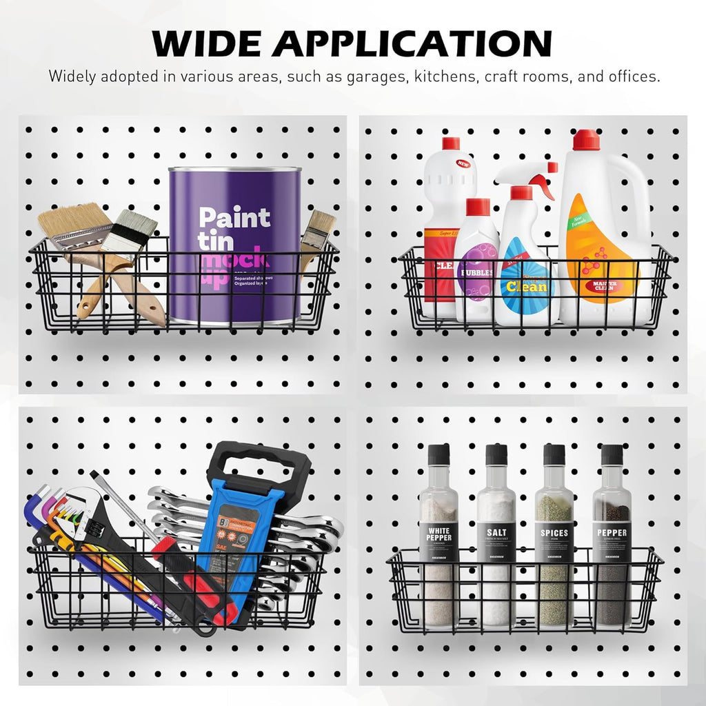 Premium Black Metal Wire Baskets | 5-Piece Heavy Duty Pegboard Organizer Set for Garage & Craft Room