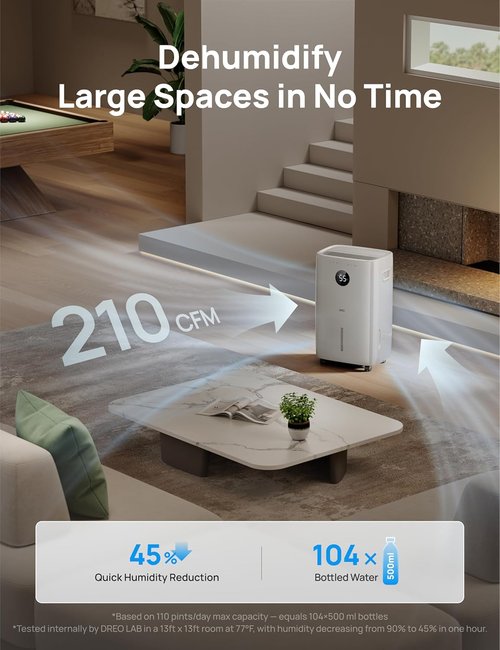 DREO 110-Pint Smart Dehumidifier - Ideal for Large Rooms Up to 4500 Ft² | 2 Gallon Tank, Auto & Constant Modes, White