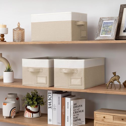 GRANNY SAYS Shelf Storage Baskets, Fabric Storage Bins for Clothes, Closet Storage Boxes with Handles, Collapsible Storage Containers for Bedroom and Living Room, Khaki and Ivory, Large, 3-Pack