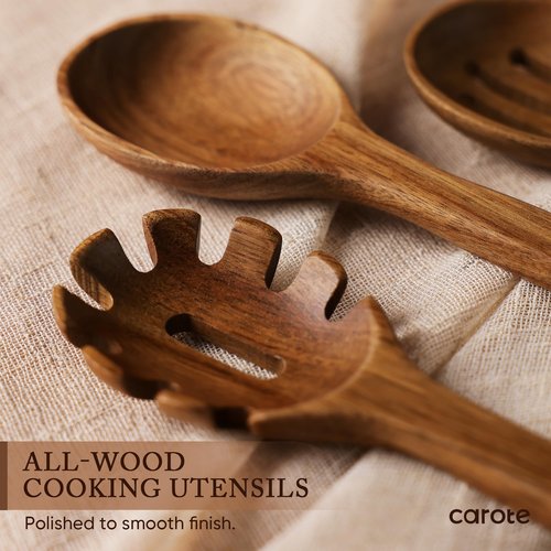 CAROTE Wooden Kitchen Utensils Set, Acacia Wood 8pcs Cooking Utensil Set for Nonstick Cookware, Long-lasting Wooden Spoons for Cooking, Spatula, Turner