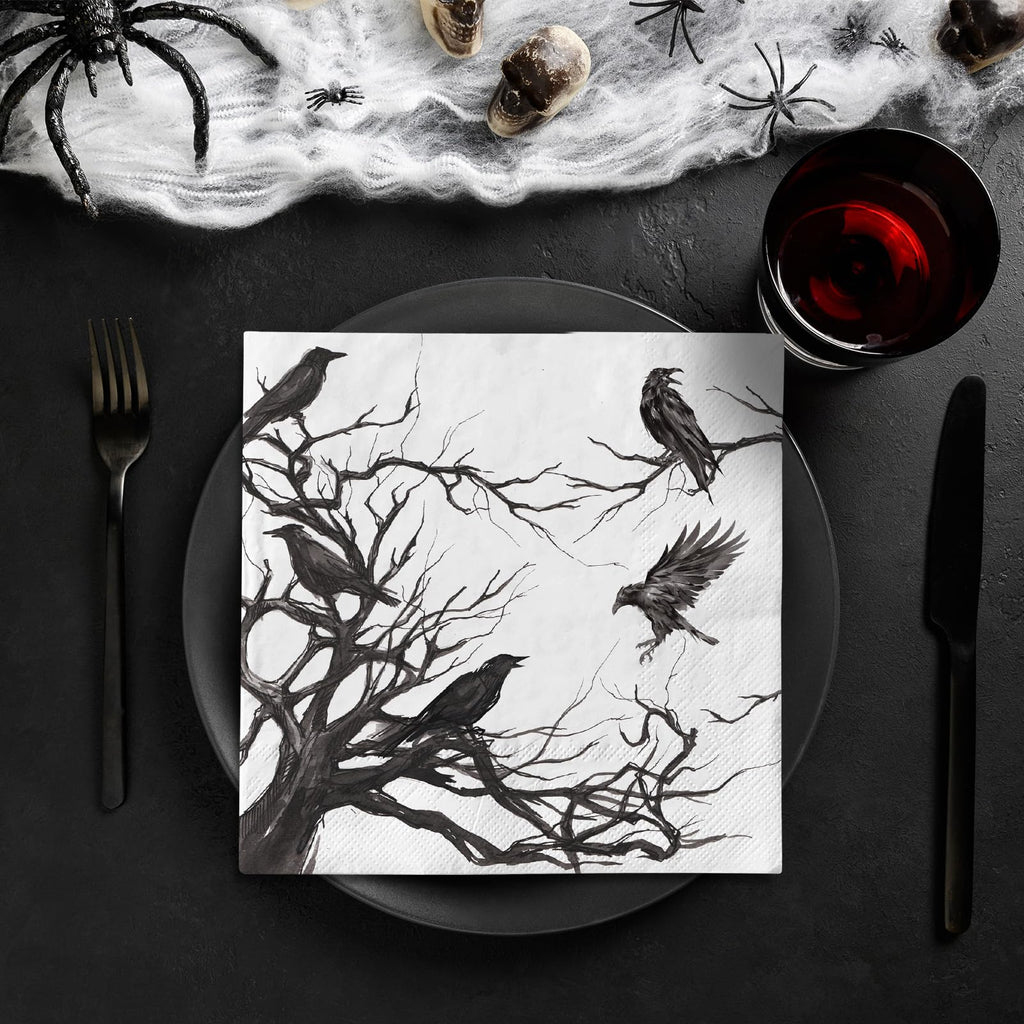 Generic 50Pcs Halloween Paper Napkins Disposable Silhouette Tree Crows Luncheon Napkins Black Dinner Hand Napkins for Party Supplies Table Decor, 6.5 x 6.5 inch