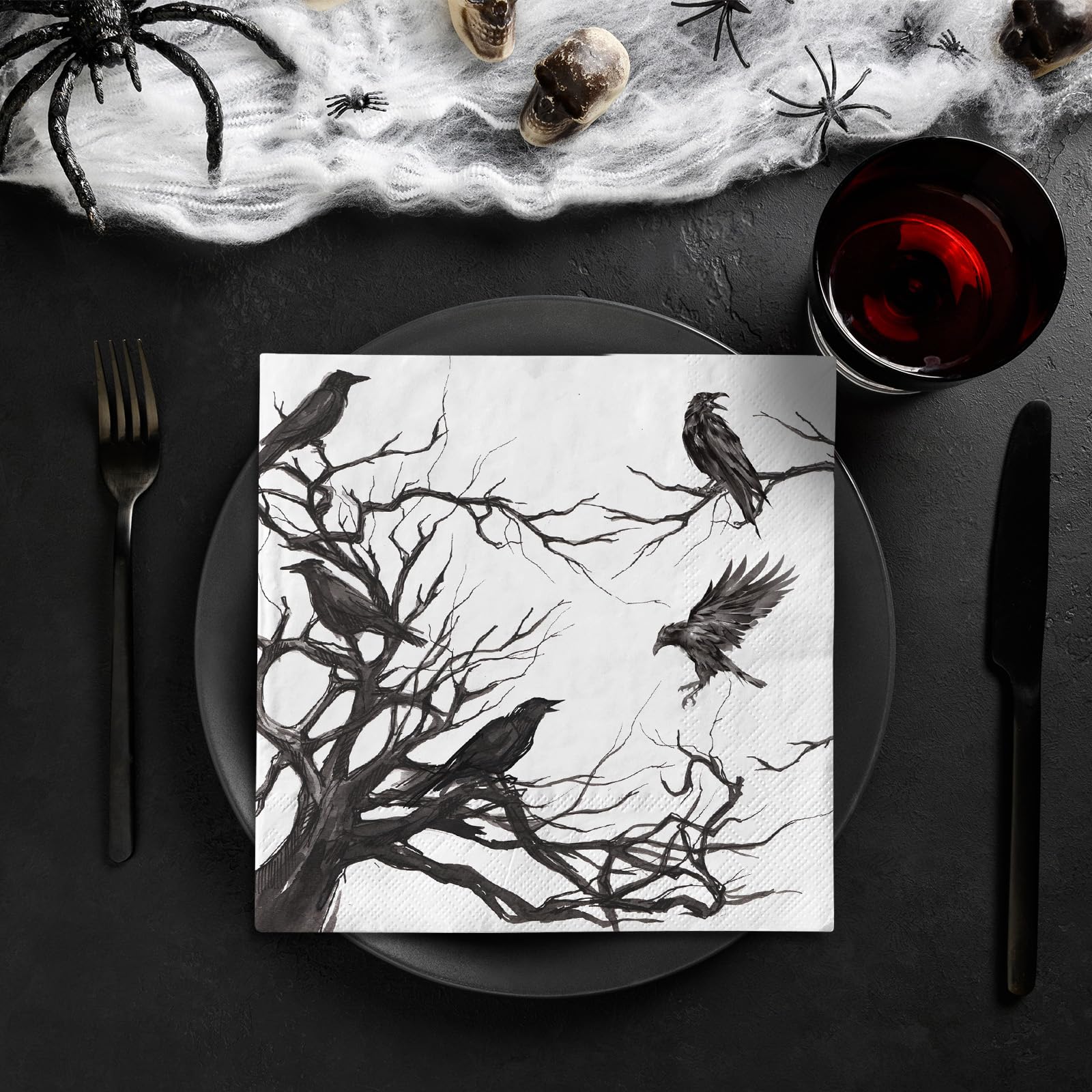 Generic 50Pcs Halloween Paper Napkins Disposable Silhouette Tree Crows Luncheon Napkins Black Dinner Hand Napkins for Party Supplies Table Decor, 6.5 x 6.5 inch