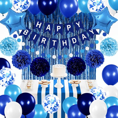 Blue Birthday Party Decorations - Skiennix Happy Birthday Banner & Balloons | Navy & Light Blue Pom Poms