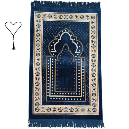 Prayer Mat Rug for Muslim Men, Women or Kids, Portable Praying Mat and Prayer Beads Sets for Islamic Gifts – Muslim Prayer Rug For Ramadan, Umrah, Hajj - Turkish Rug for Meditation and Worship (BLUE)