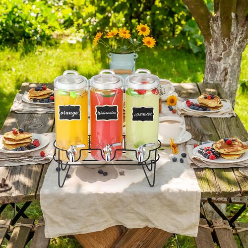 RimCereal 3 Pack 80 oz Tall Glass Drink Dispenser with Stand, Lid, Label and Stainless Steel Leakproof Spigot Beverage Water Dispenser Clear Mason Jar for Party Fridge(Round)