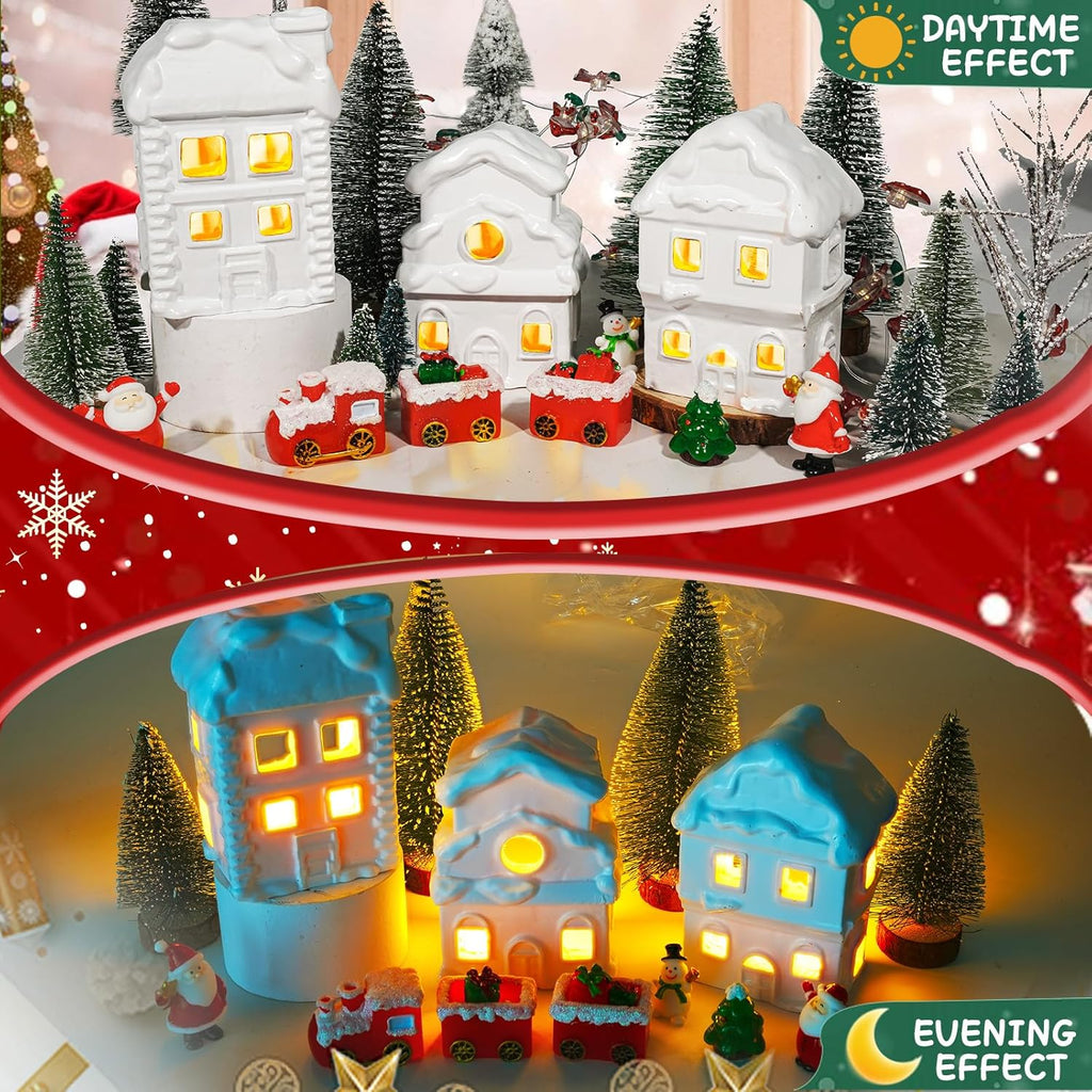 Wowagoga Ceramic Christmas Village Set - 21 Pcs White Resin Houses | 4.3 Inch Light-Up Decor Figurines