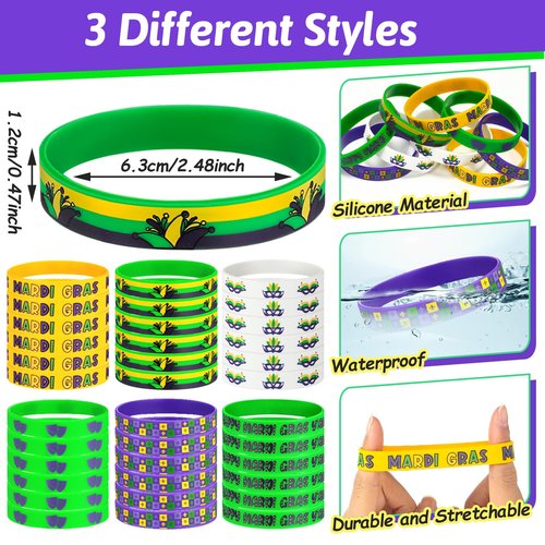 Lunmon 120 Pcs Mardi Gras Silicone Bracelets Bulk Mardi Gras Throw Happy Carnival Bracelets Clown Circus Carnival Rubber Wristbands for Party Birthday Supplies Gifts
