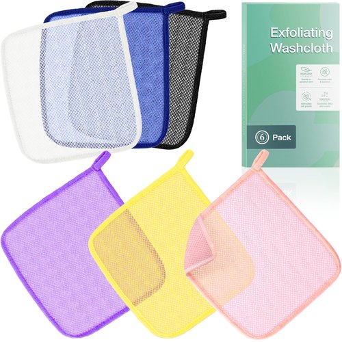 African Net Sponge Exfoliating Washcloths 6 Pack - Double Sided Bath Scrub Cloths for Deep Cleaning Face & Body - Revitalize Skin - All Skin Types (Yellow, Pink, Purple, Black, Blue, White)