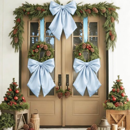 Blue Bow Decor | Large 22x11 Inch Crib Skirt with Big Bows for Christmas & Parties