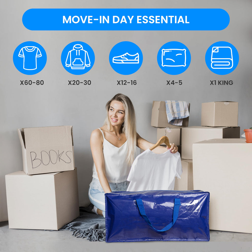 Simple Deluxe 6 Pack Extra Large Moving Bags with Backpack Straps, Strong Handles/Zippers, Heavy Duty Storage Tote For Moving Travel Camping Space Saving, Blue