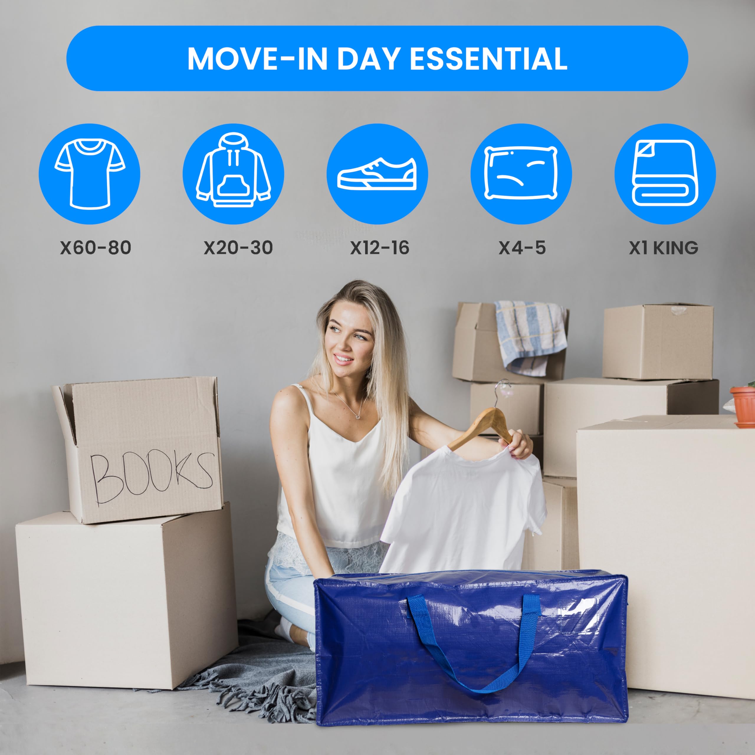 Simple Deluxe 6 Pack Extra Large Moving Bags with Backpack Straps, Strong Handles/Zippers, Heavy Duty Storage Tote For Moving Travel Camping Space Saving, Blue