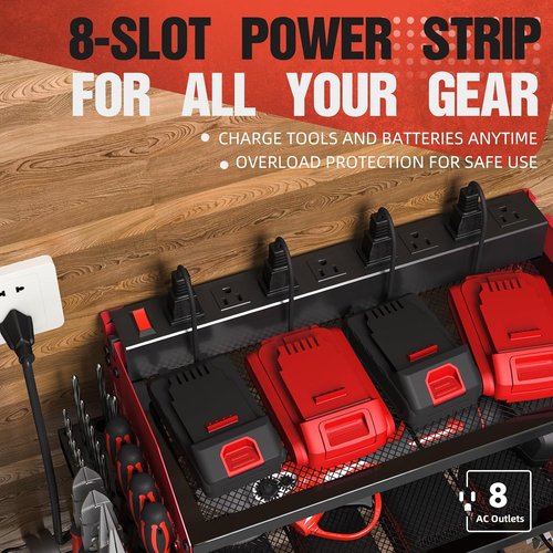 **Skiennix Power Tool Organizer - Heavy Duty Wall Mount Rack with Charging Station | 4 Drill Holders, Red**