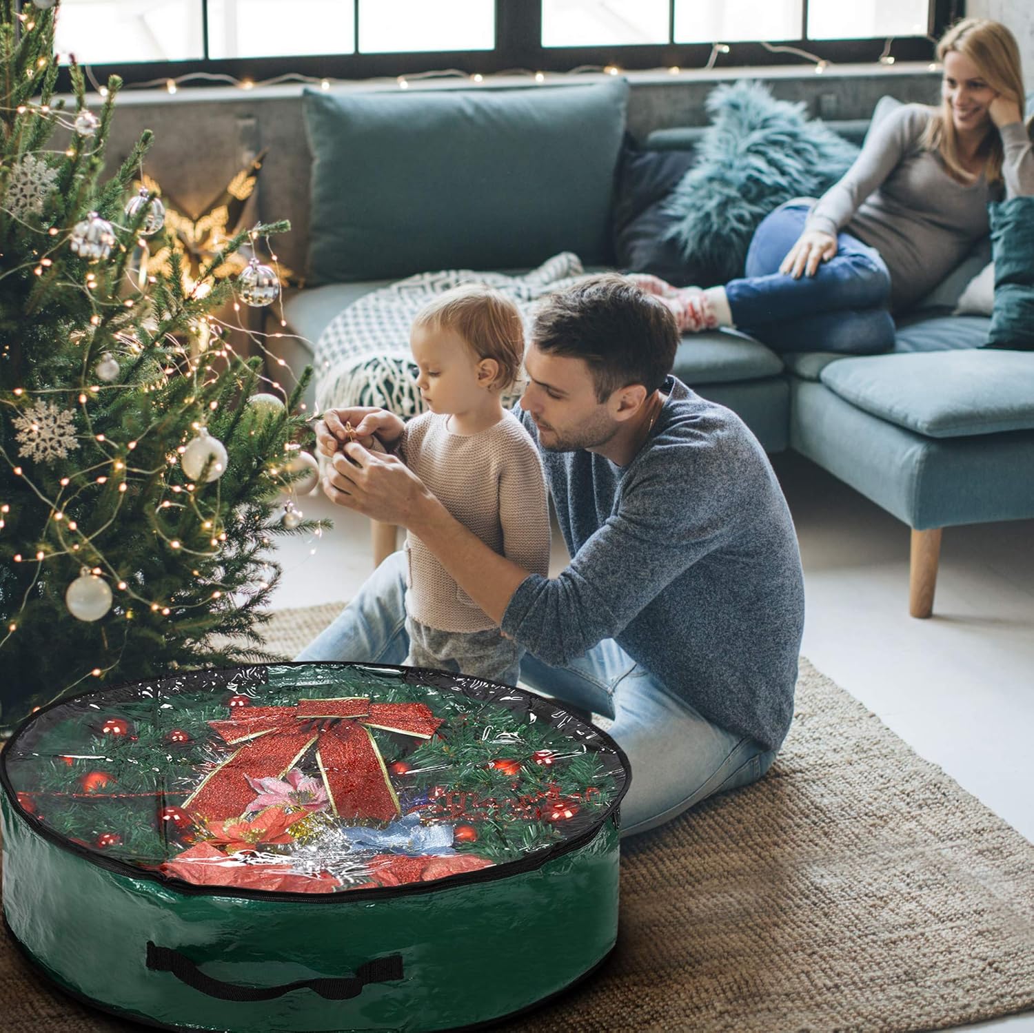 Propik Christmas Wreath Storage Bag - 36" Tear-Resistant Holiday Container with Clear Window - 2 Pack, Green