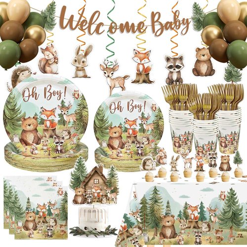 Woodland Baby Shower Decorations Plates Set,184Pcs Baby Boy Woodland Forest Animals Plates Napkins Cups Forks Tablecloth Balloons Banner Hanging Swirls Cupcake Toppers, 25 Guests