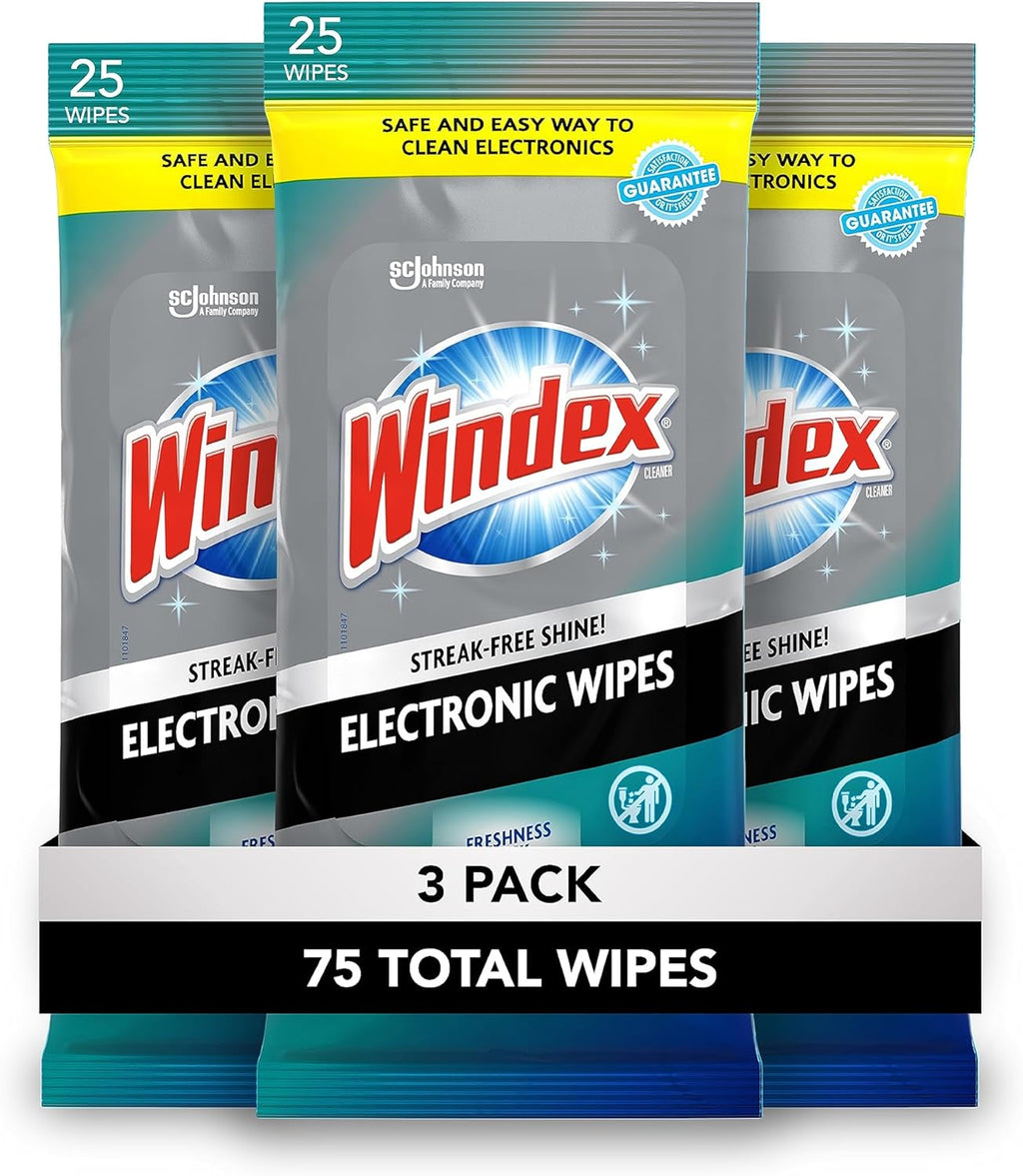 Windex Electronic Cleaning Wipes - Pre-Moistened Screen Wipes for TVs & Phones | Resealable, 25 Count (Pack of 3)
