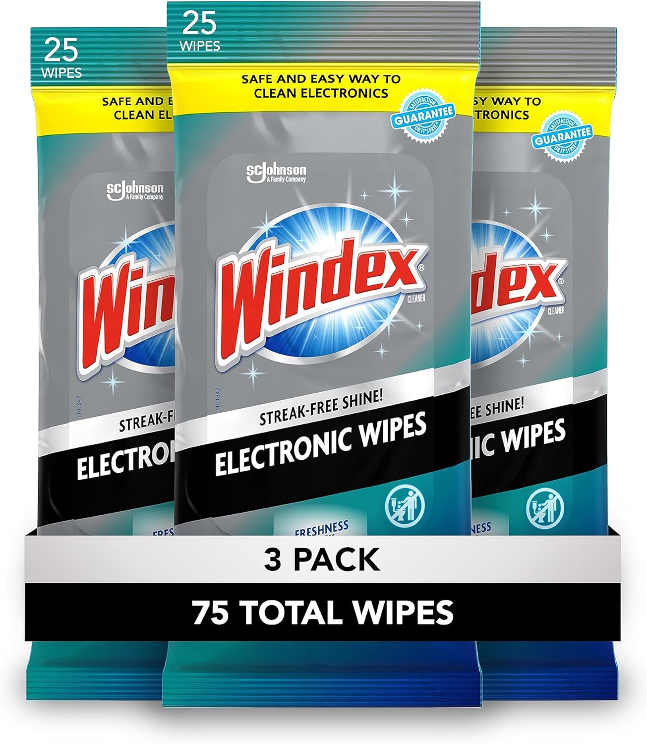 Windex Electronic Cleaning Wipes - Pre-Moistened Screen Wipes for TVs & Phones | Resealable, 25 Count (Pack of 3)