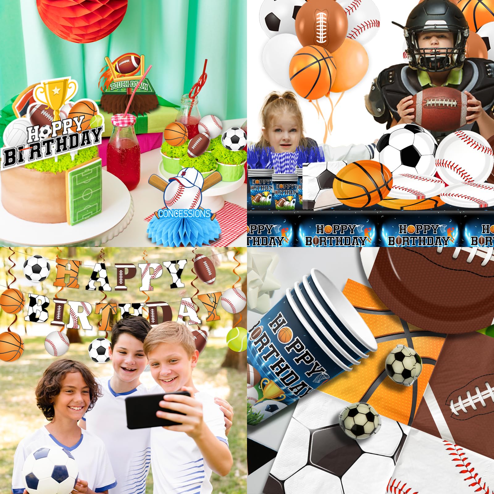 198Pcs Sports Birthday Decorations-Basketball Baseball Soccer Football Plates and Napkins Set Serves 24,Sports Theme Party Supplies