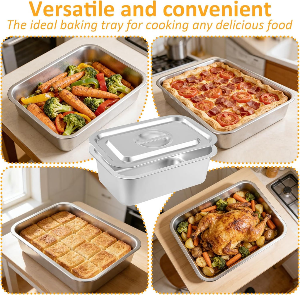 Skiennix 4-Inch Extra Deep Lasagna Baking Pan - 304 Stainless Steel with Lid, 8.7x12.6 Inch, Silver