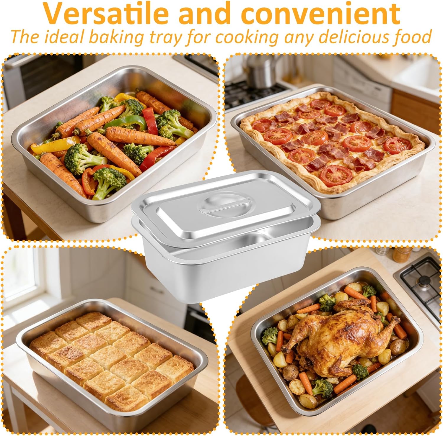 Skiennix 4-Inch Extra Deep Lasagna Baking Pan - 304 Stainless Steel with Lid, 8.7x12.6 Inch, Silver