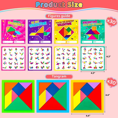 30pcs Tangram Puzzle Wooden Valentines Day Cards Gifts Kids Classroom Valentine’s Greeting Cards Classroom Exchange School Supplies Return Gifts For Birthday Party Favors Goodie Bags Stuffers Bulk Toy