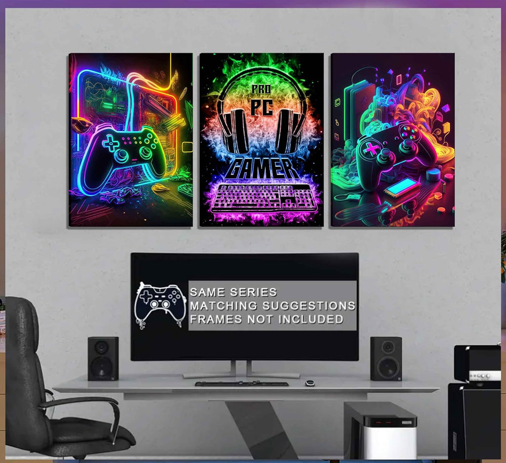 PPV Gaming Wall Art - Retro Video Game Canvas Prints | Colorful Neon Gamepad Posters for Boys' Room 12x16in